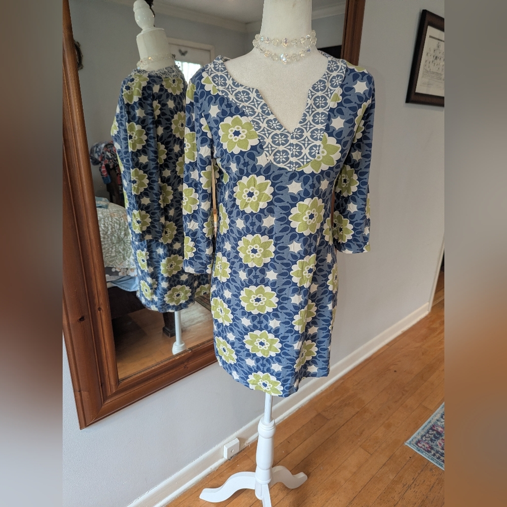 Boden Blue Floral Tunic with Green Accents